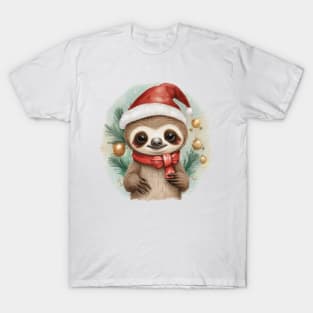 cute little baby sloth wearing a santa hat T-Shirt